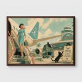 Retro flight attendant with cats and luggage at "Meow International" airport.