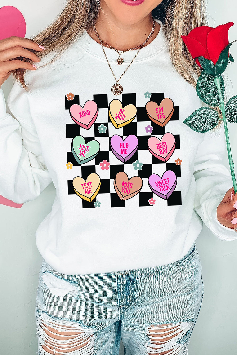 Valentine's Day Checkered Heart Long Sleeve Women's Sweatshirt