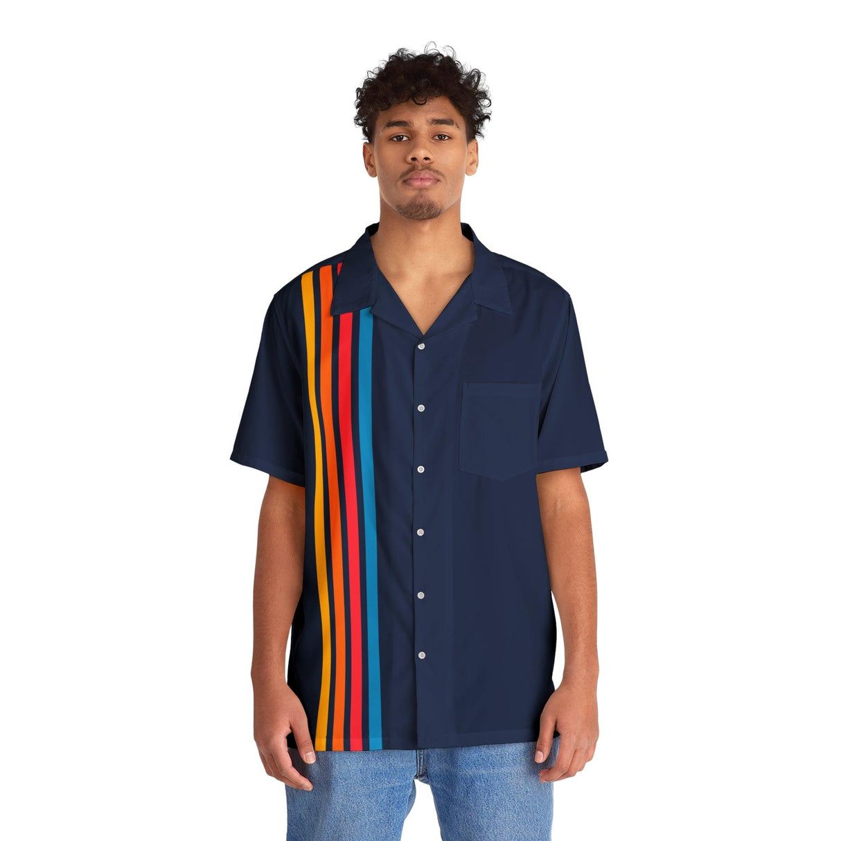 Midnight Blue Retro Stripes Bowling Style - Retro Button Up Shirt