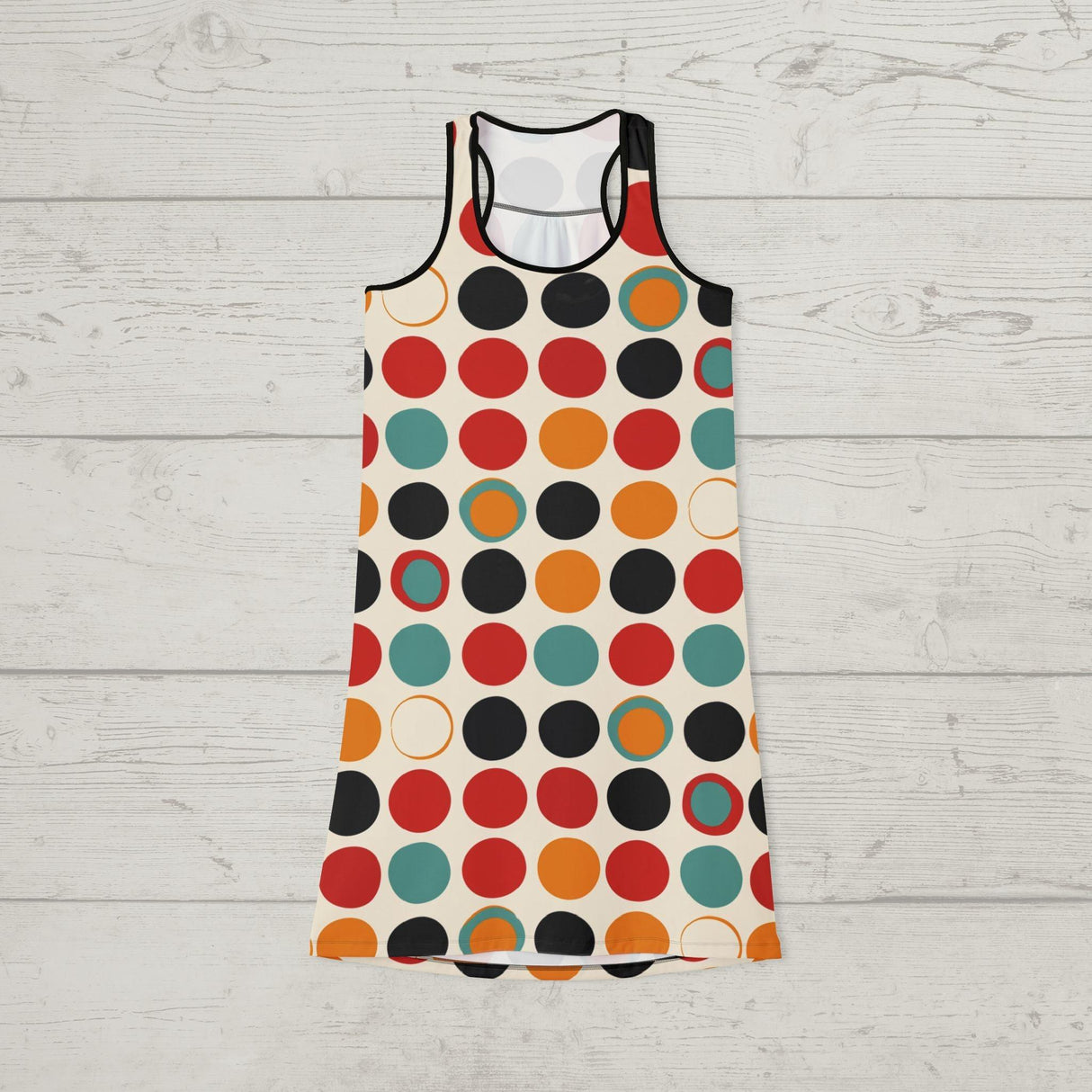 60s Pop Art Inspired Women's Racerback Dress: Bold Geometric Circle Pattern in Vibrant Retro Colors