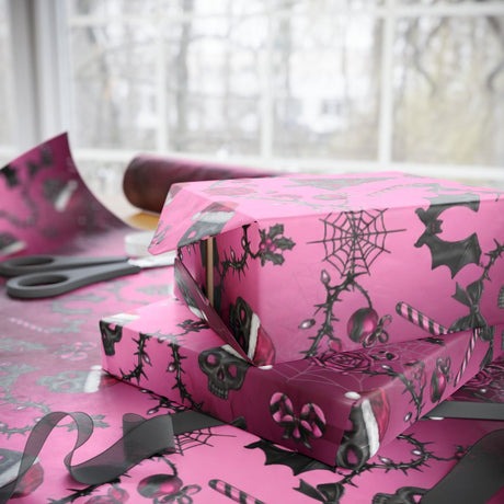 Pink Wrapping Paper with Gothic Halloween Theme