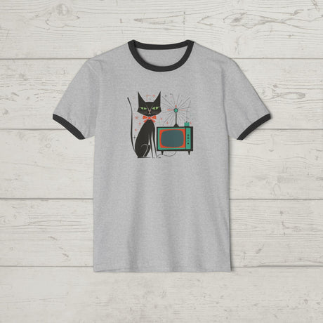 Mid Century Modern Atomic Cat Lovers 1950s TV - Ringer Retro T-Shirt