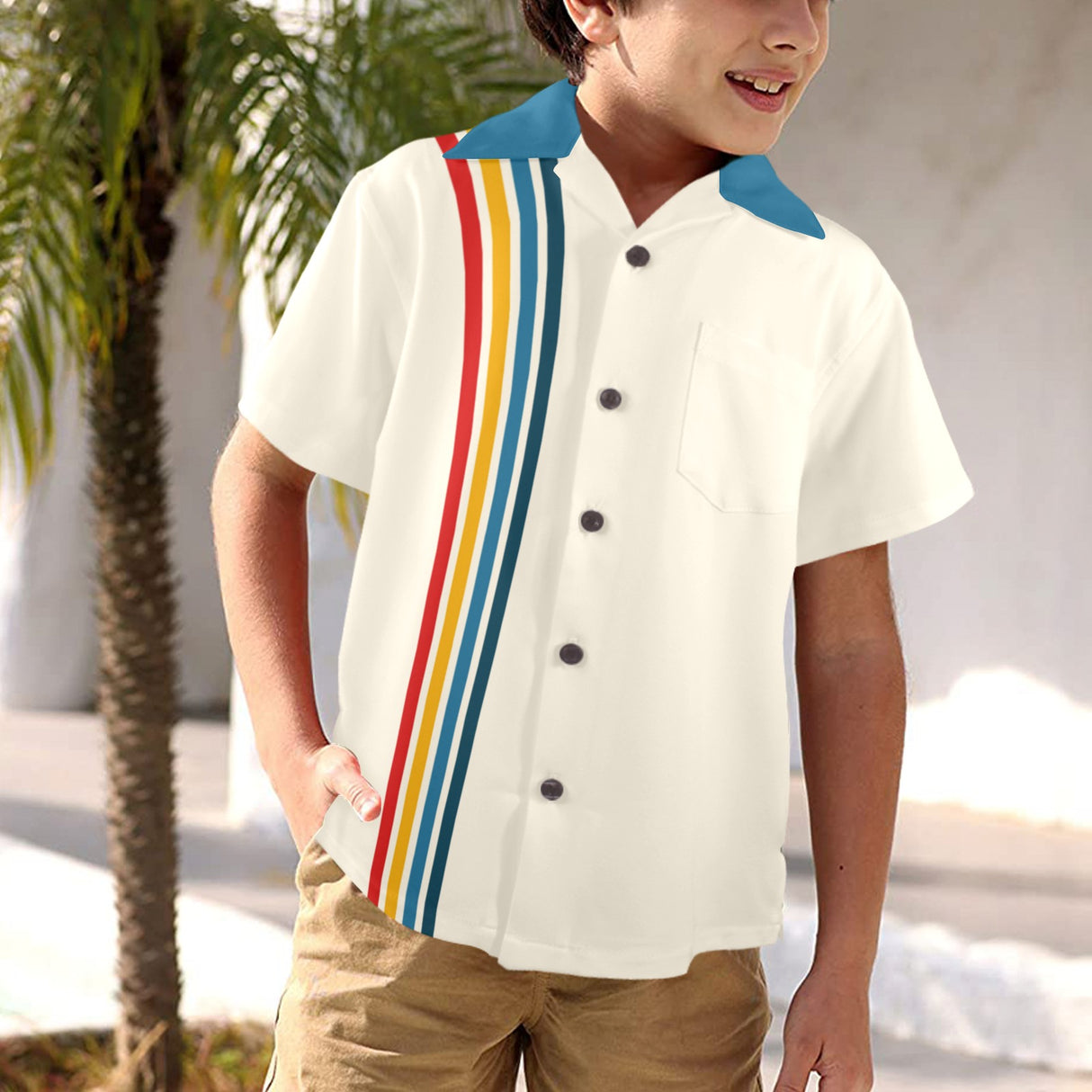 Boys Blue Retro Striped Bowling Style - Retro Youth Button Up Shirt