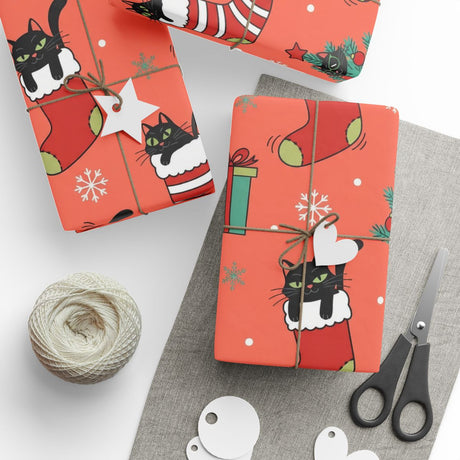Festive Cat Stocking Wrapping Paper for Holiday Gifts