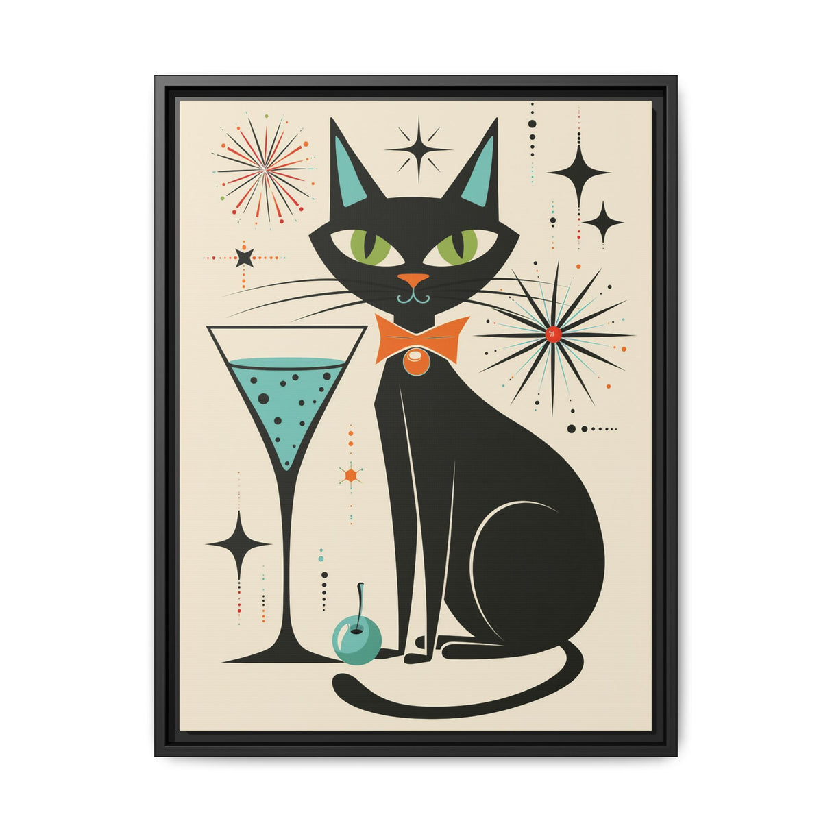 Black Cat Martini Framed Canvas