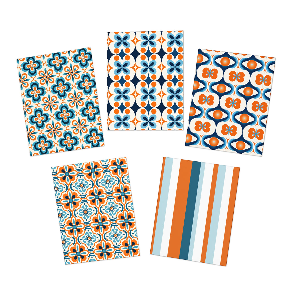 Retro MCM Orange Blue Motif Greeting Cards Stationery Set 5-Pack