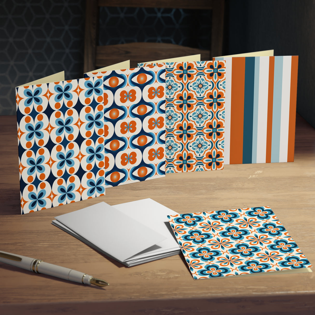 Retro MCM Orange Blue Motif Greeting Cards Stationery Set 5-Pack