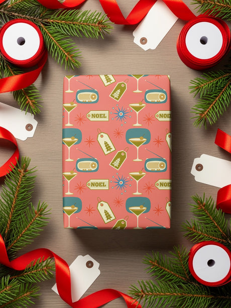 Festive Noel Christmas Gift Wrap with Cocktail Designs