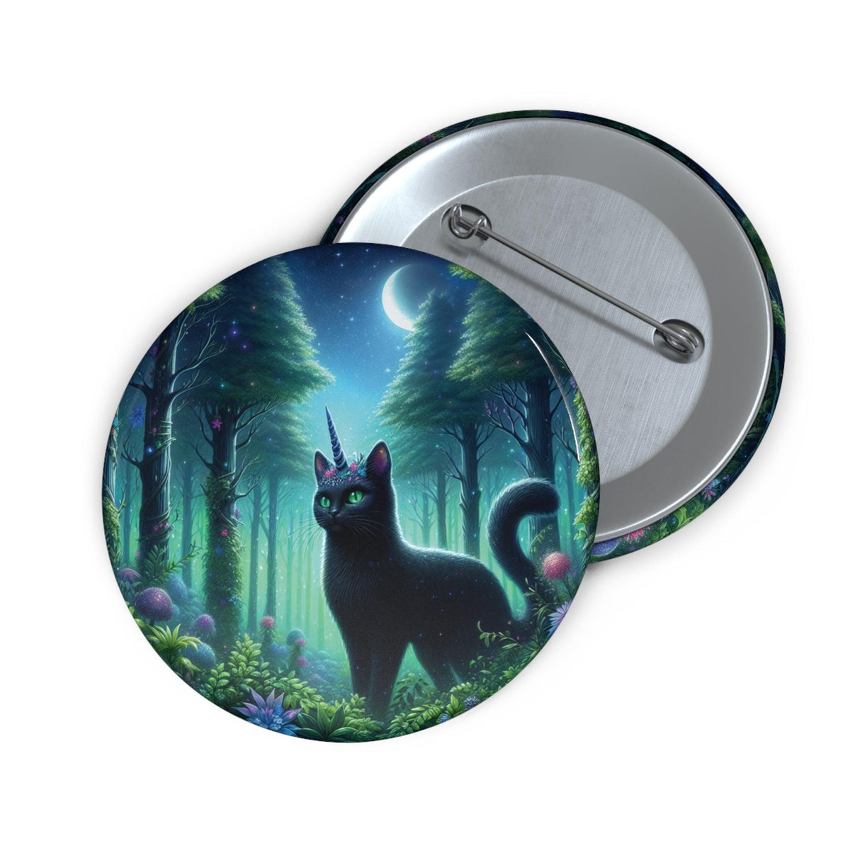 Majestic Forest Black Kitty Unicorn Pin Button