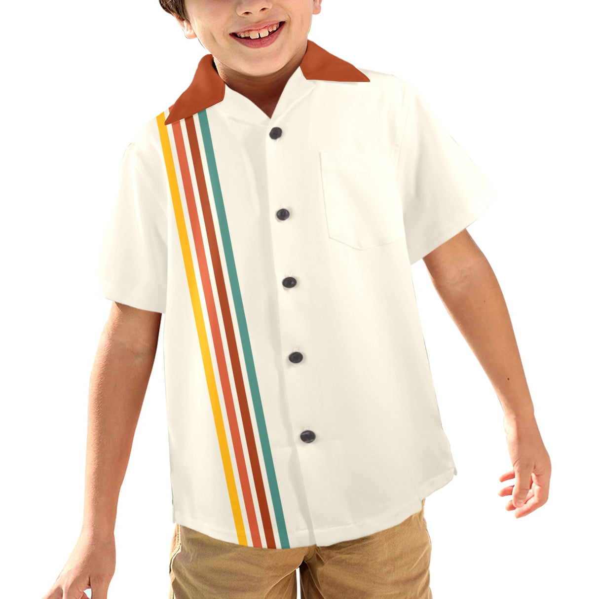 Boys Red Retro Striped Bowling Style - Retro Youth Button Up Shirt