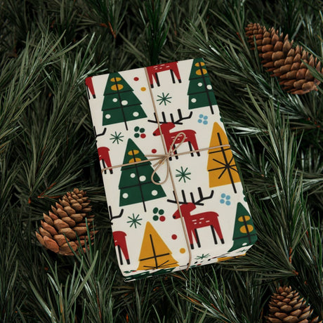 Festive Holiday Gift Wrap with Reindeer and Trees Patterns