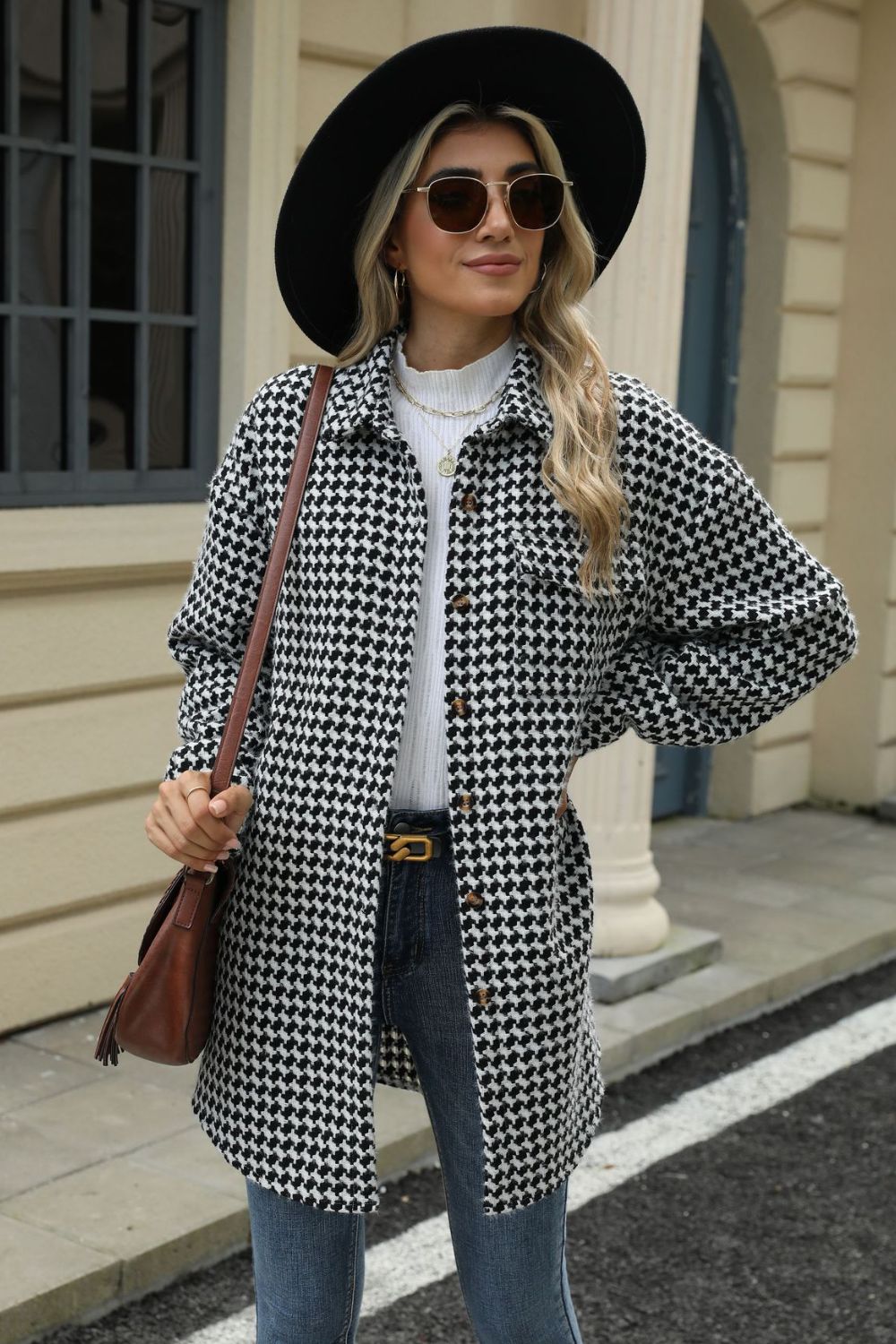 60s Mod Houndstooth Button Up Dropped Shoulder Coat