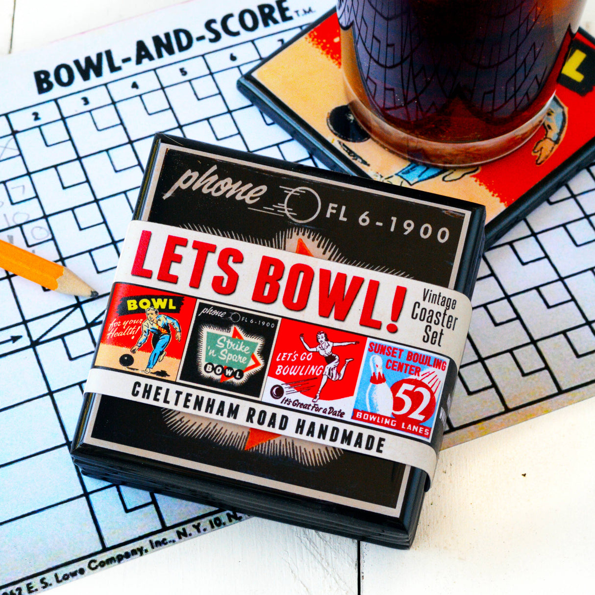 Lets Bowl!  Vintage Bowling Coaster Set