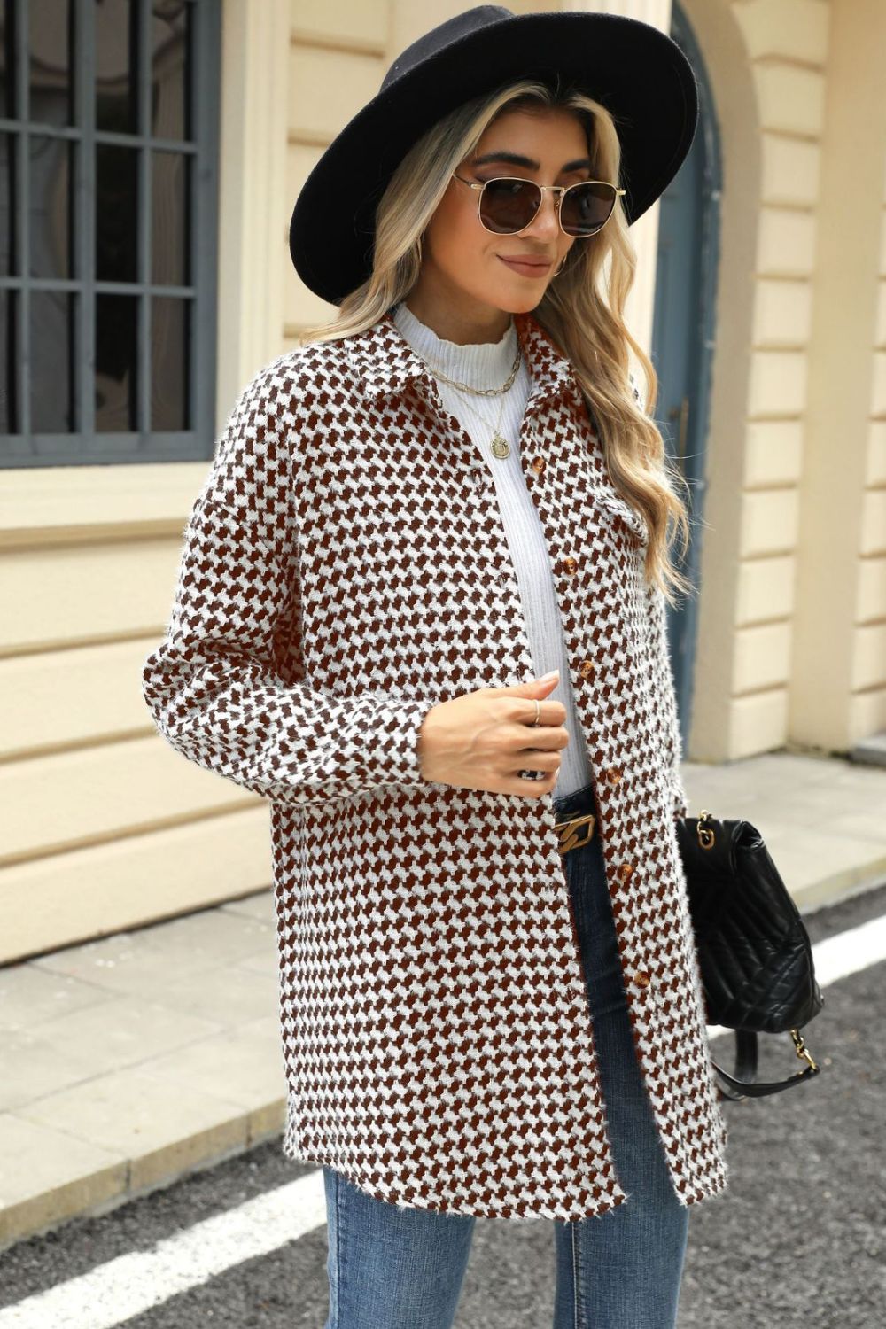 60s Mod Houndstooth Button Up Dropped Shoulder Coat