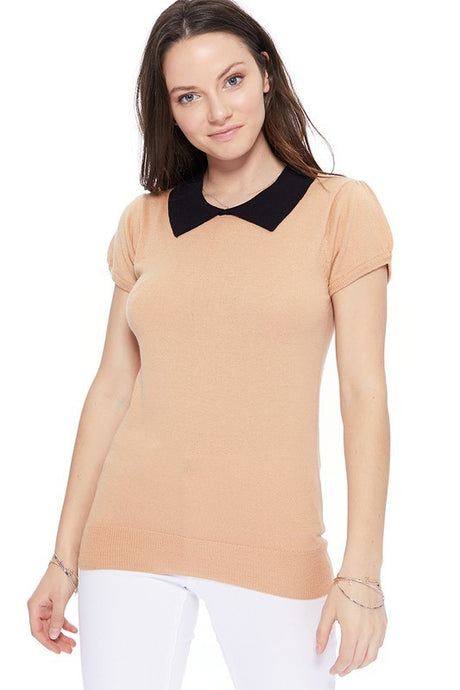 Cute Contrast Collar Pleated Cap Sleeve Knit Top