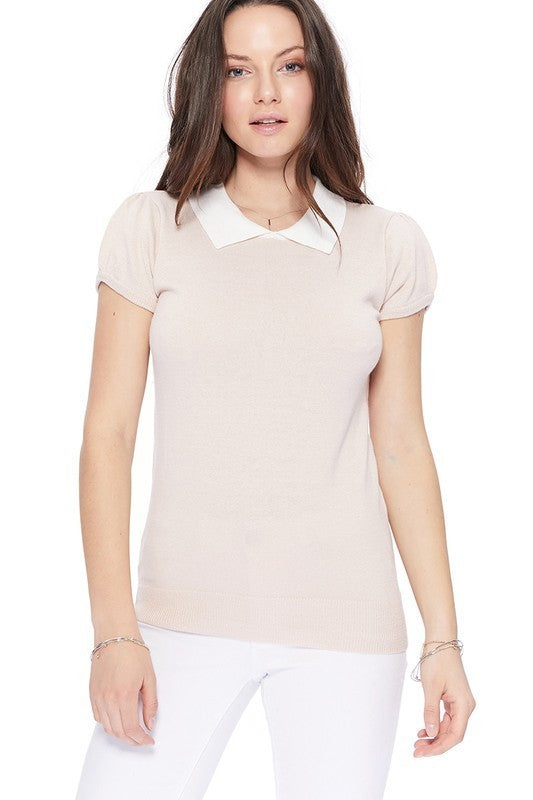 Cute Contrast Collar Pleated Cap Sleeve Knit Top