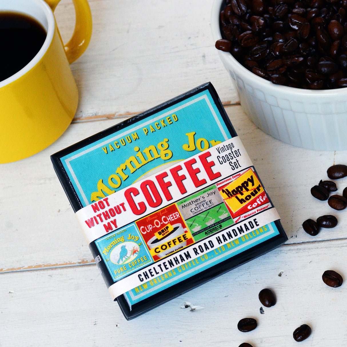 Not Without My Coffee!  Vintage Coffee Label Coaster Set