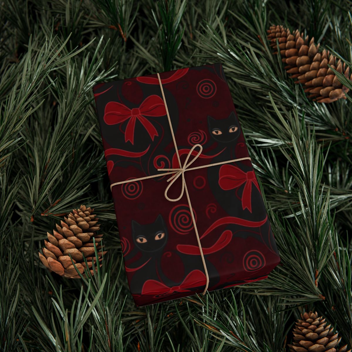 Festive Black Cat Gift Wrap with Red Bows Design