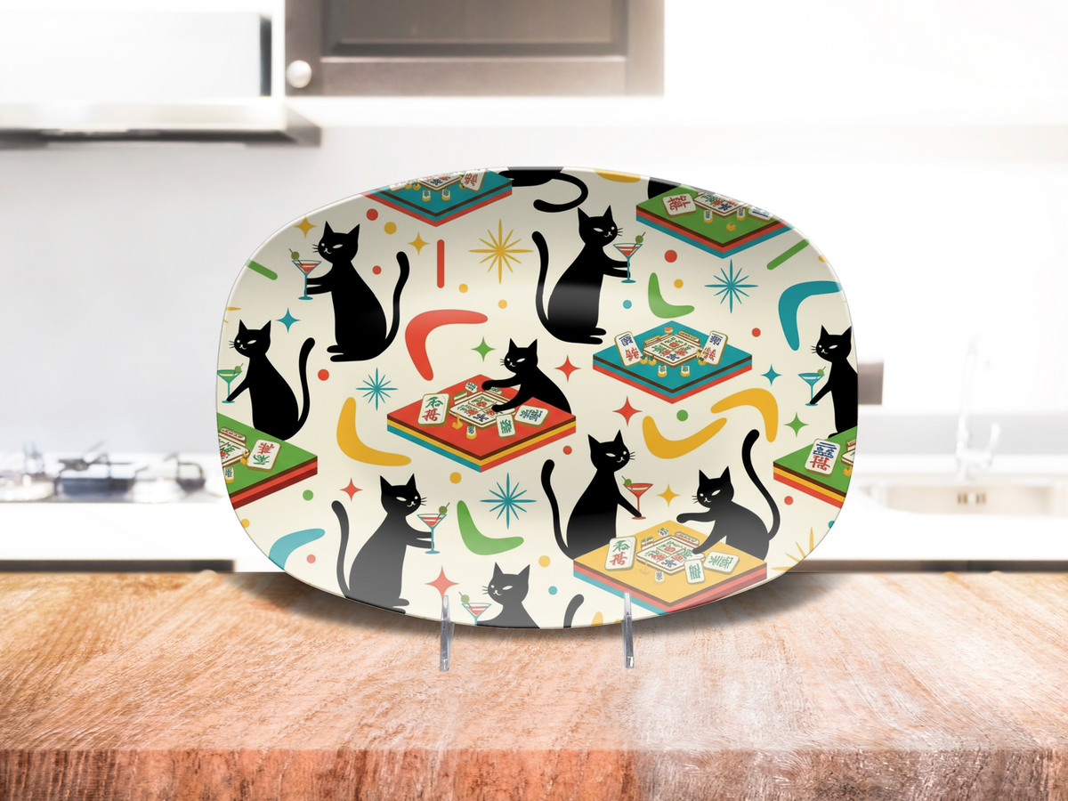 Mid-Century Mahjong Cat Serving Platter