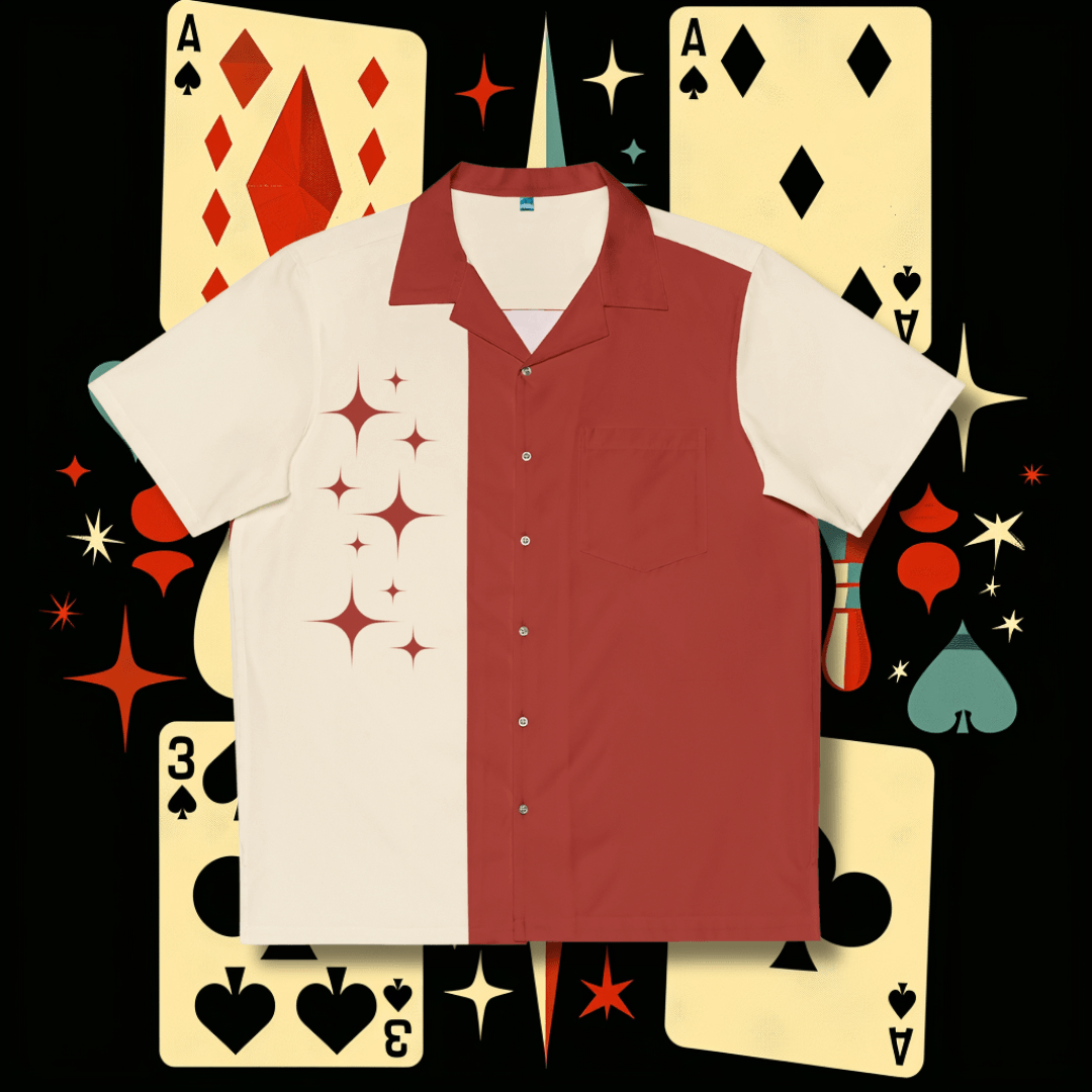 Deep Red and Off-White Atomic Stars Liftoff - Retro Button Up Shirt