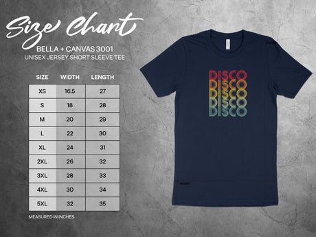 Disco Disco Disco Retro 70s Tee Navy Blue Size Chart