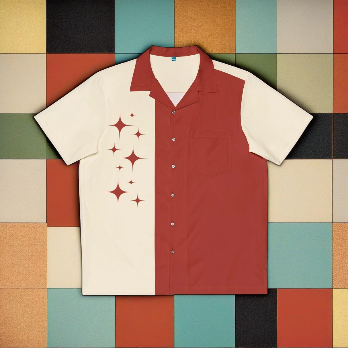 Deep Red and Off-White Atomic Stars Liftoff - Retro Button Up Shirt