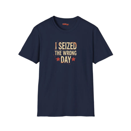 I Seized the Wrong Day Tee in navy on White Background, Retro graphic with off white font and slight red dusting of spray paint look and two red stars on graphic