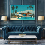 A framed art print depicting a retro mid-century modern poolside house with palm trees and mountains, displayed on a dark blue paneled wall above a matching blue tufted sofa in a styled living room.