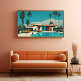 A framed art print depicting a retro mid-century modern house with a swimming pool, palm trees, and mountains, displayed on a peach-colored wall above an orange sofa.
