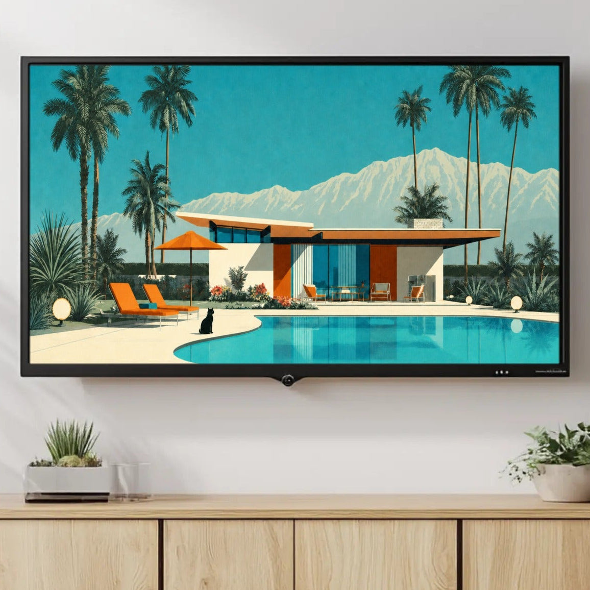 A framed art print depicting a mid-century modern house with a swimming pool, palm trees, and mountains, displayed on a wall above a light wood console cabinet in a styled living room setting.