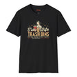 Black t-shirt with graphic design and text on a white background