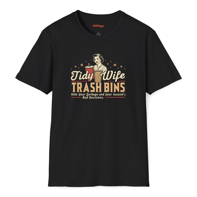 Black t-shirt with graphic design and text on a white background