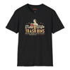 Black t-shirt with graphic design and text on a white background