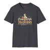 Dark gray t-shirt with graphic design and text on a white background