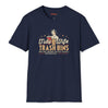 Navy blue t-shirt with graphic design and text on a white background