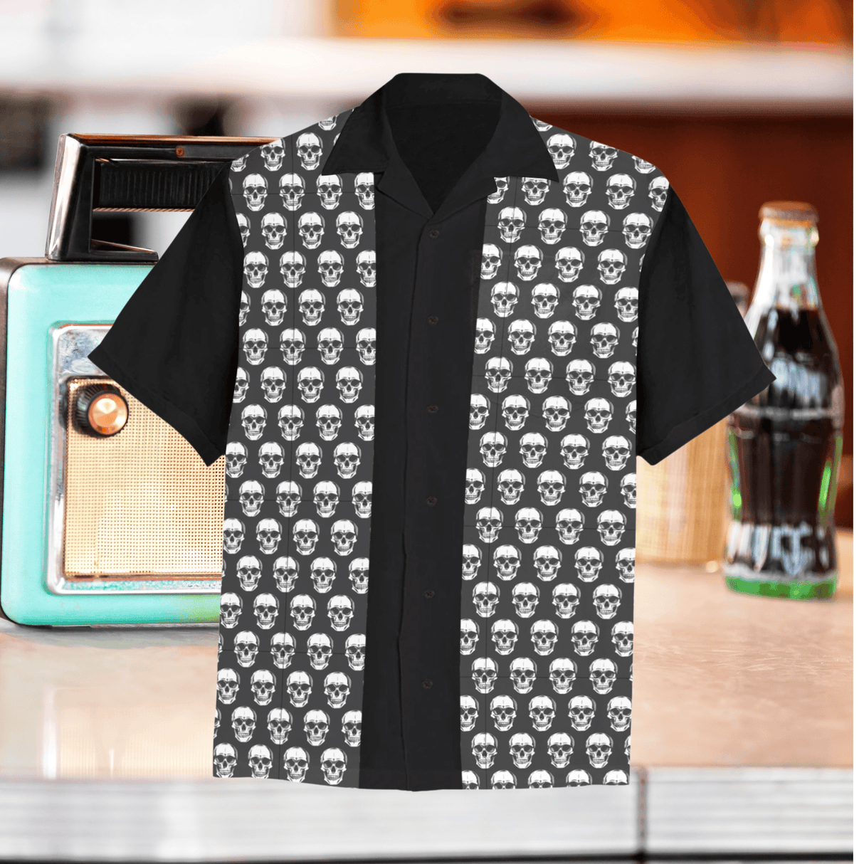 Black Skulls All Over -Bowling Style - Retro Button Up Shirt