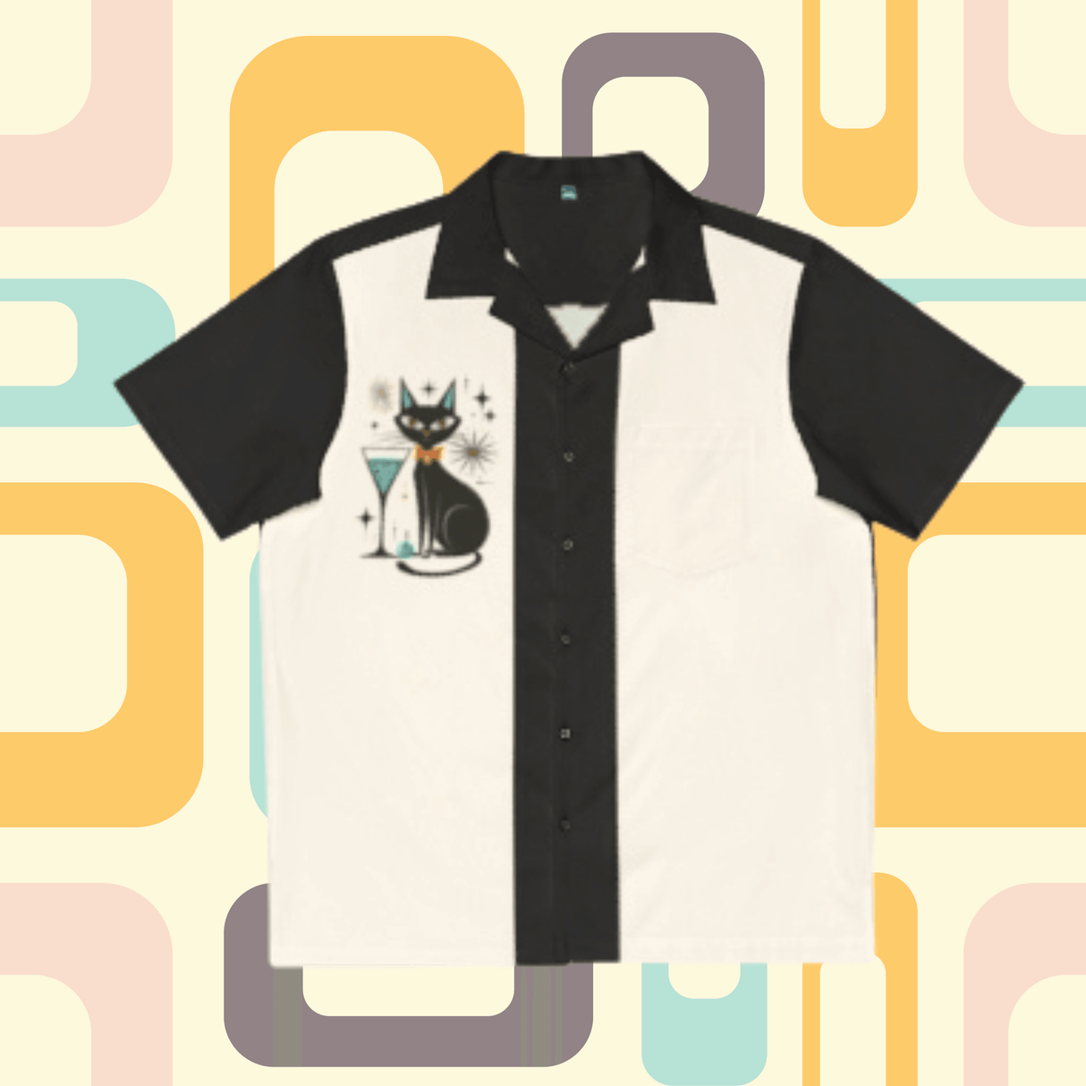 Atomic Martini Cat Bowling Style - Retro Button Up Shirt