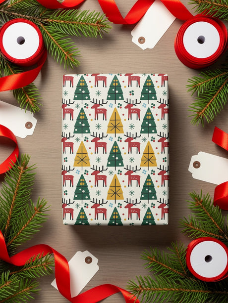 Festive Christmas Trees and Reindeer Wrapping Paper
