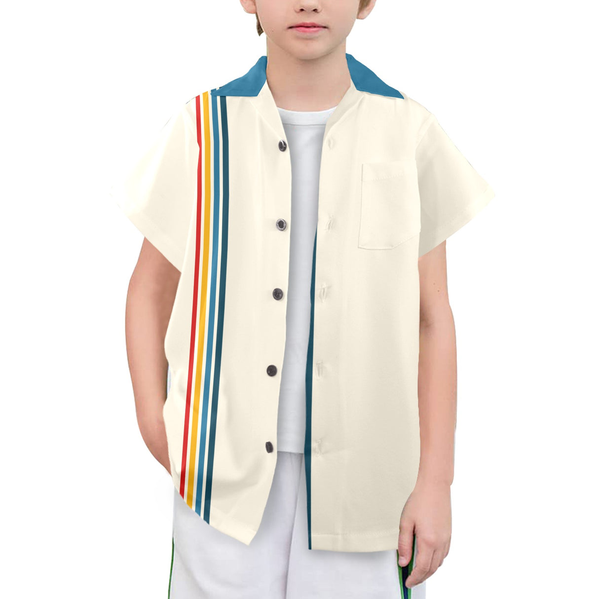 Youth Blue Retro Striped Bowling Style - Retro Button Up Shirt