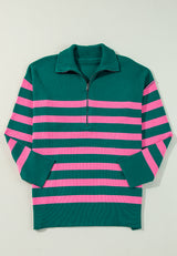 Y2K Contrast Striped Quarter Zip Long Sleeve Sweater