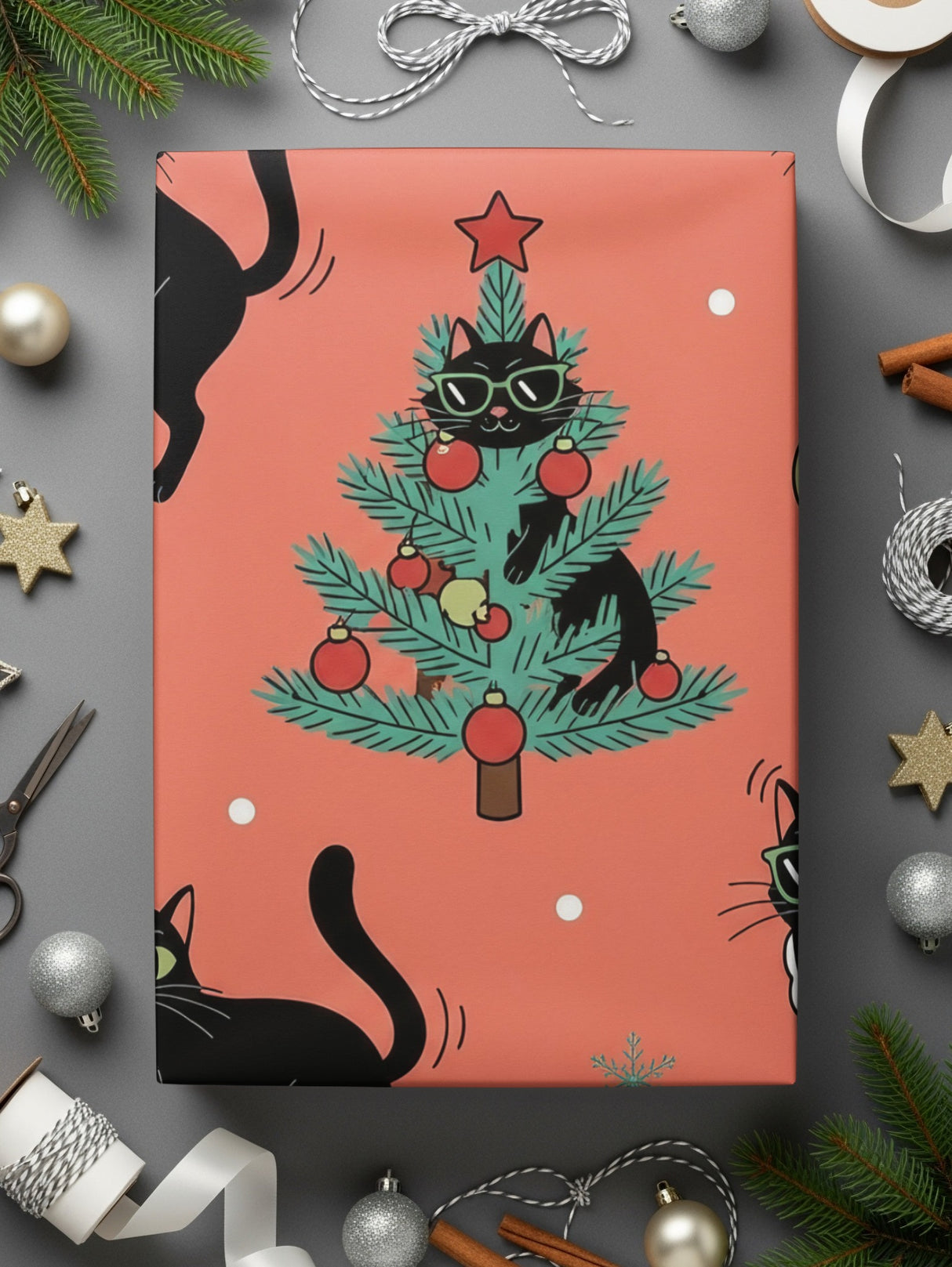 Holiday Cat Christmas Tree Design Wrapping Paper