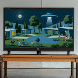 A flat-screen television displaying a retro-style illustrated scene with a UFO, mid-century modern houses, trees, and people lounging by a pool, set on a rustic wooden table against a plain indoor wall.