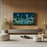 A framed art print depicting a retro sci-fi scene with a UFO and poolside figures, displayed on a slatted wood wall above a modern media console in a styled living room.
