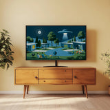 A flat-screen TV displaying a retro-style mid-century modern house illustration with palm trees, mountains, and a swimming pool, placed on a wooden console cabinet in a living room setting.