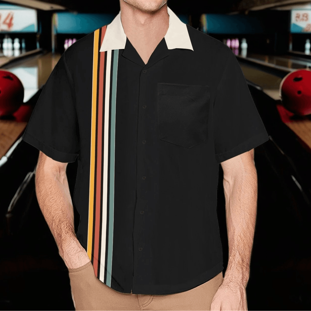 Johnny Black and Off-White with Retro Stripes Bowling Style - Retro Button Up Shirt