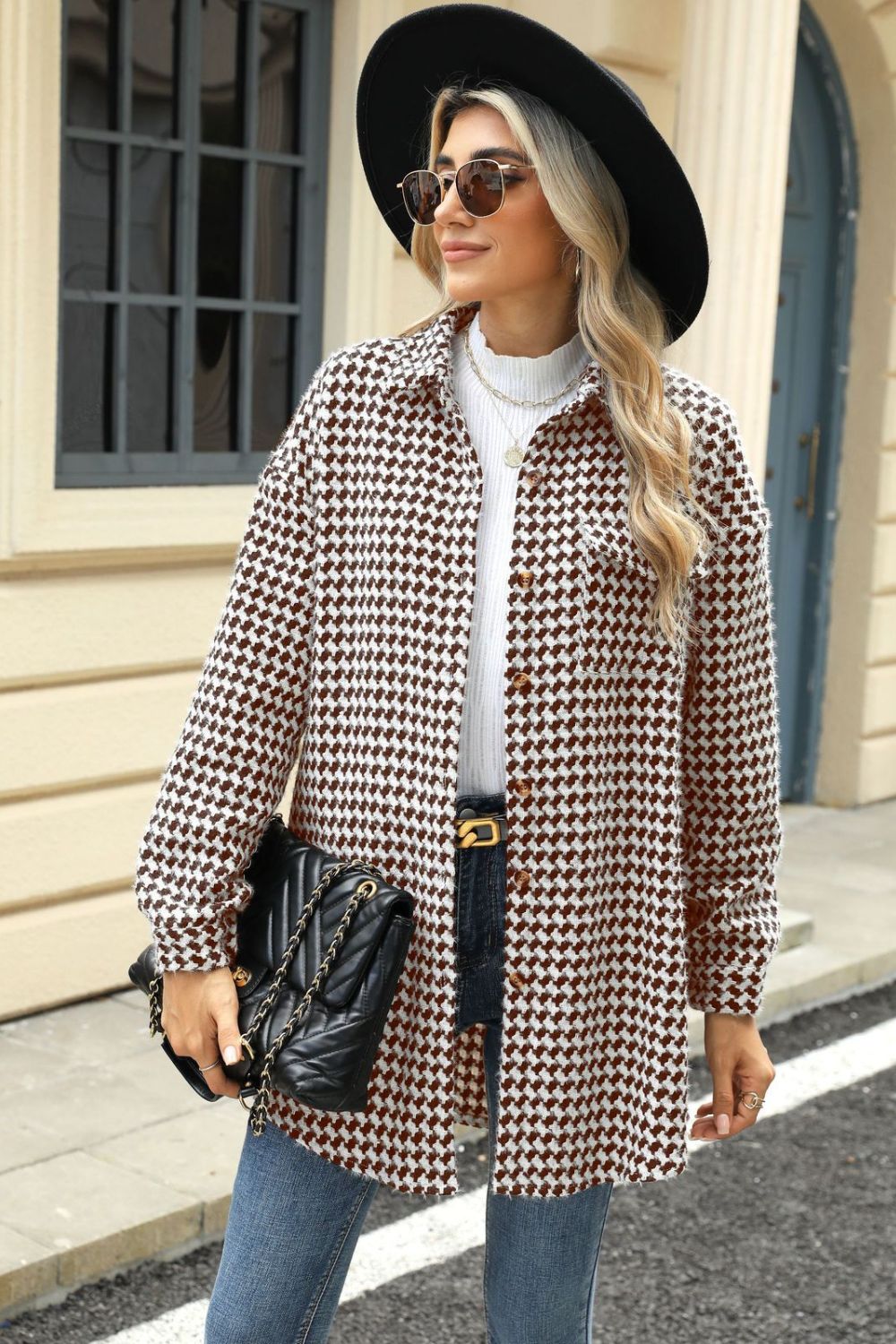 60s Mod Houndstooth Button Up Dropped Shoulder Coat