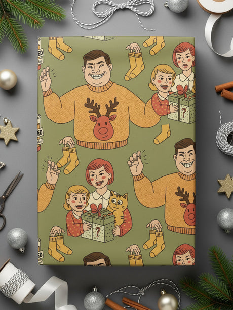 Festive Wrapping Paper with Family Christmas Design