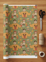 Festive holiday wrapping paper with quirky characters