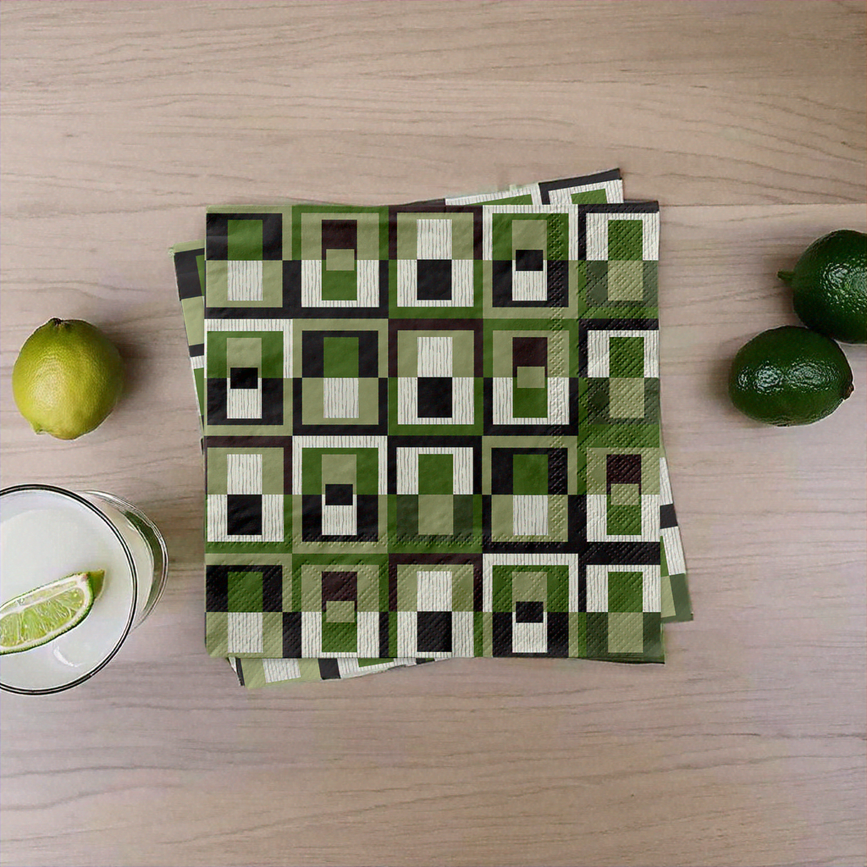 Green Square in Rectangle Geometric MCM Cocktail Beverage Napkin