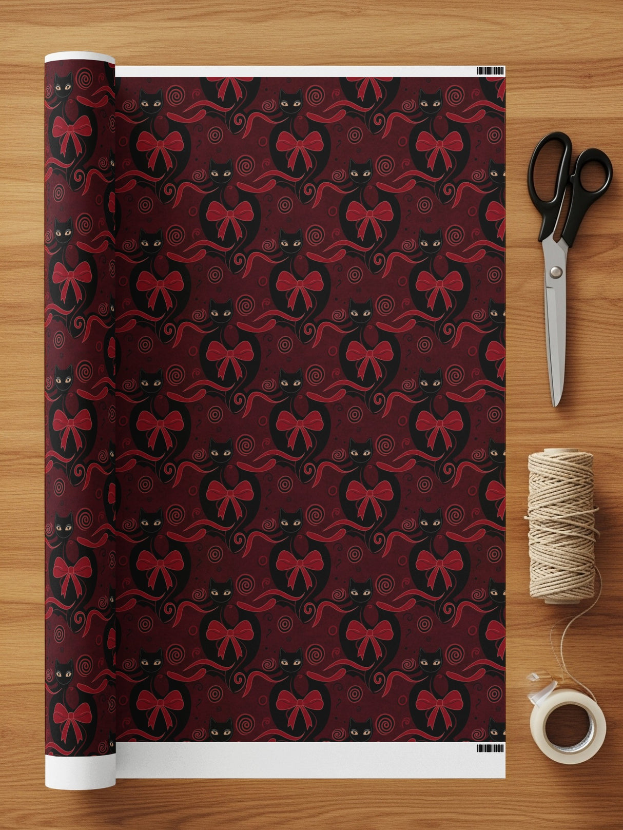 Elegant Black Cats with Red Bows Wrapping Paper Roll